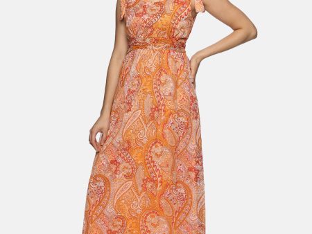 IS.U Floral Orange Tie-up Detailed Maxi Dress Hot on Sale