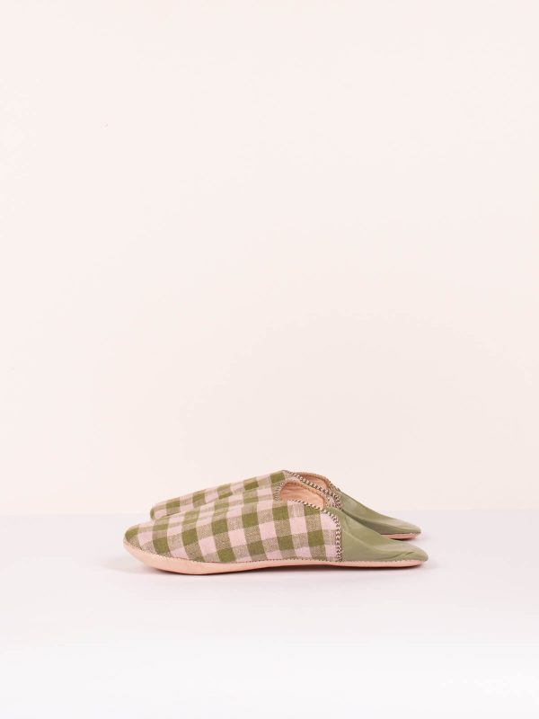 Margot Linen Babouche Slippers, Olive Check Fashion