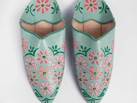 Hand Painted Flower Babouche Slippers, Sage Online Hot Sale