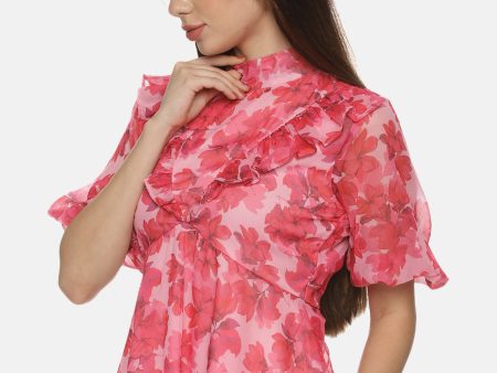 IS.U Floral Pink High Neck Peplum Top Discount