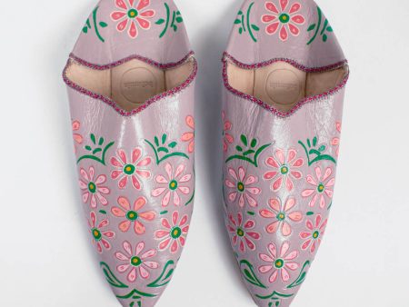 Hand Painted Flower Babouche Slippers, Lilac For Sale