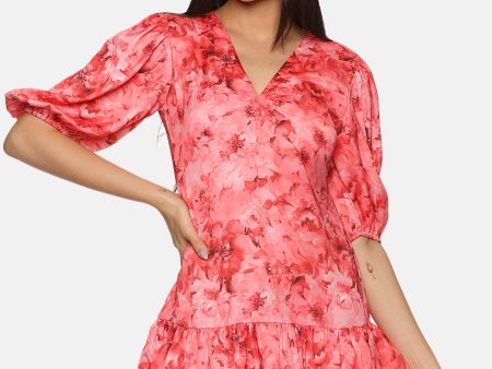 IS.U Floral Coral Two Tiered Ruffle Mini Dress Online