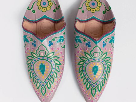 Hand Painted Leaf Babouche Slippers, Lilac on Sale