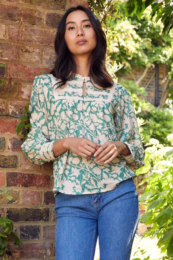 Margot Block Print Blouse | Tea Rose Green Taupe Sale