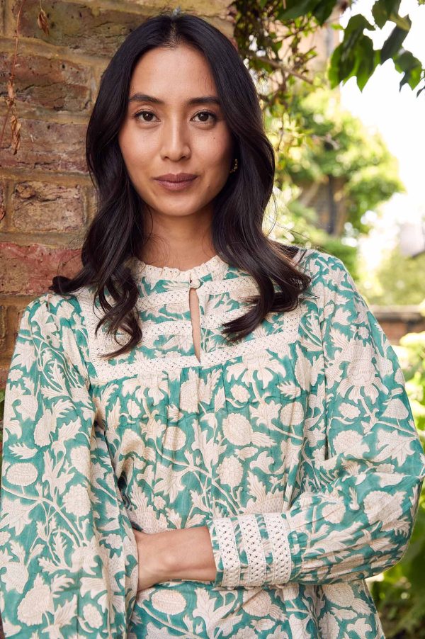 Margot Block Print Blouse | Tea Rose Green Taupe Sale