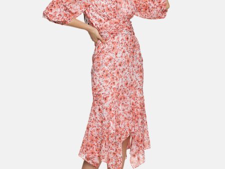 IS.U Floral Orange High Neck Fit And Flare Dress Supply