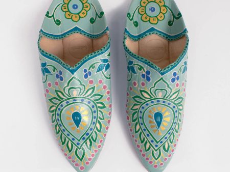 Hand Painted Leaf Babouche Slippers, Sage For Discount