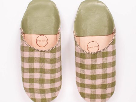 Margot Linen Babouche Slippers, Olive Check Fashion