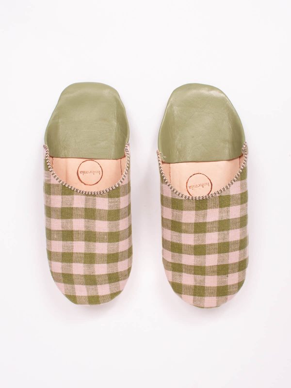 Margot Linen Babouche Slippers, Olive Check Fashion