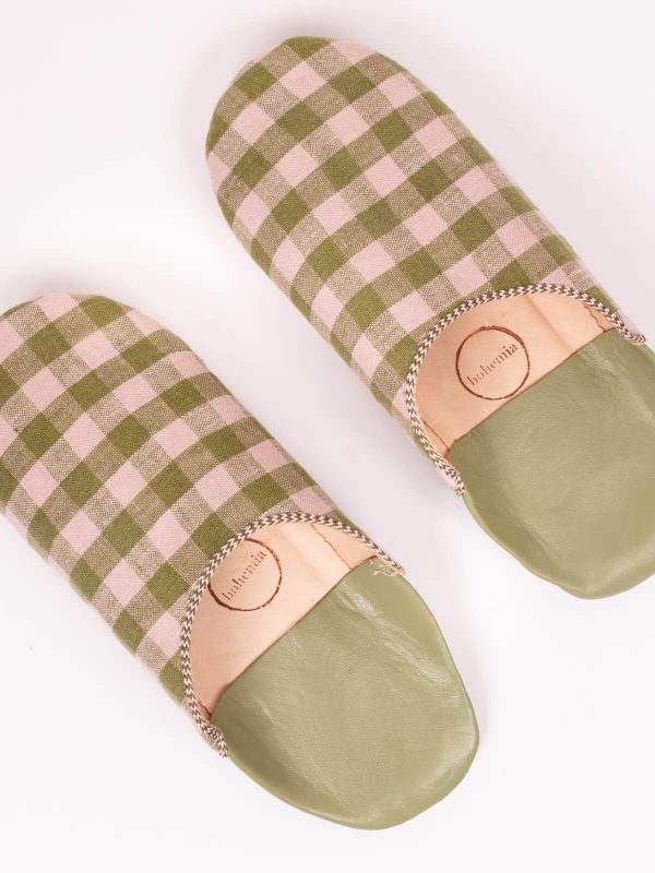 Margot Linen Babouche Slippers, Olive Check Fashion