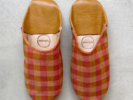 Margot Linen Babouche Slippers, Burnt Orange Check on Sale