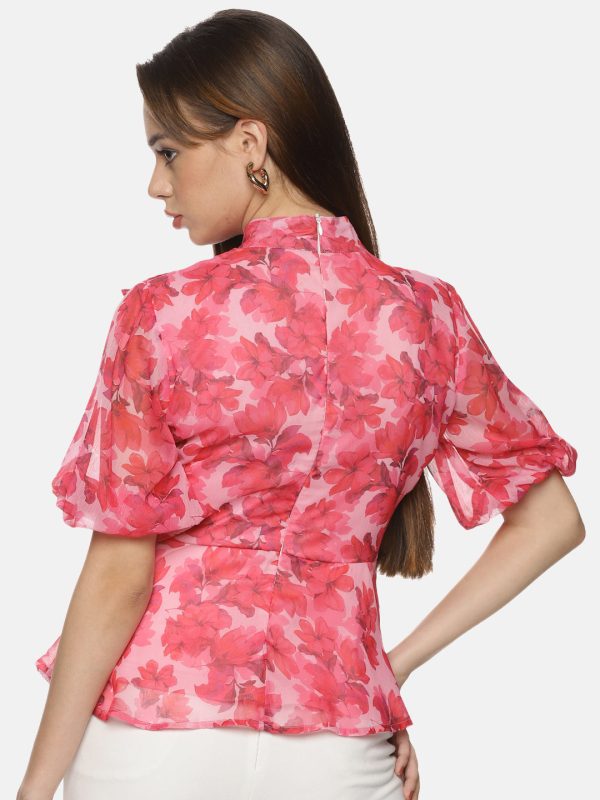 IS.U Floral Pink High Neck Peplum Top Discount