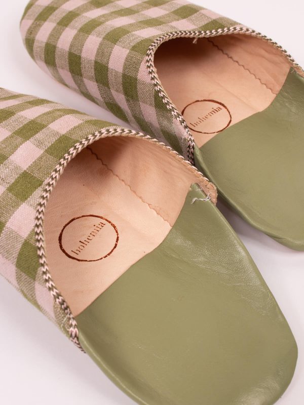 Margot Linen Babouche Slippers, Olive Check Fashion