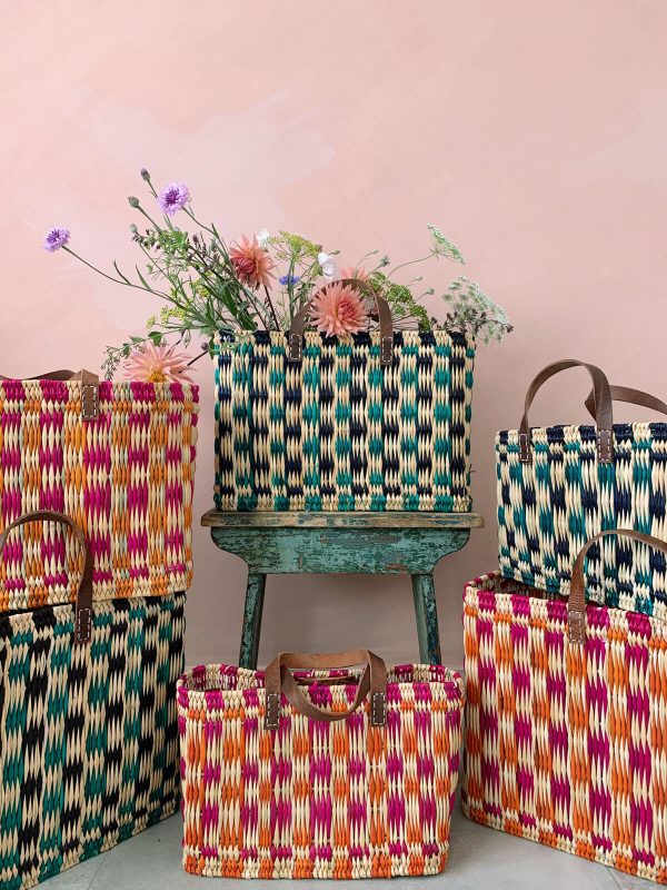 Chequered Reed Basket, Pink + Orange Discount