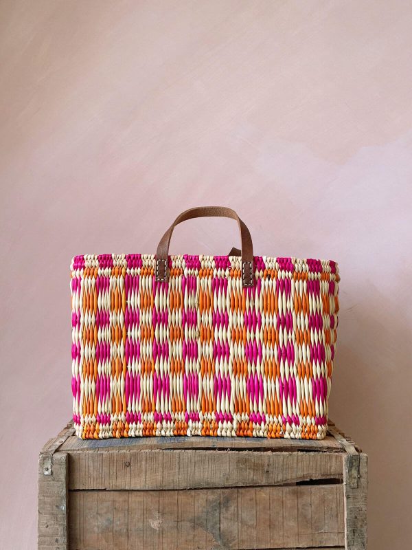 Chequered Reed Basket, Pink + Orange Discount